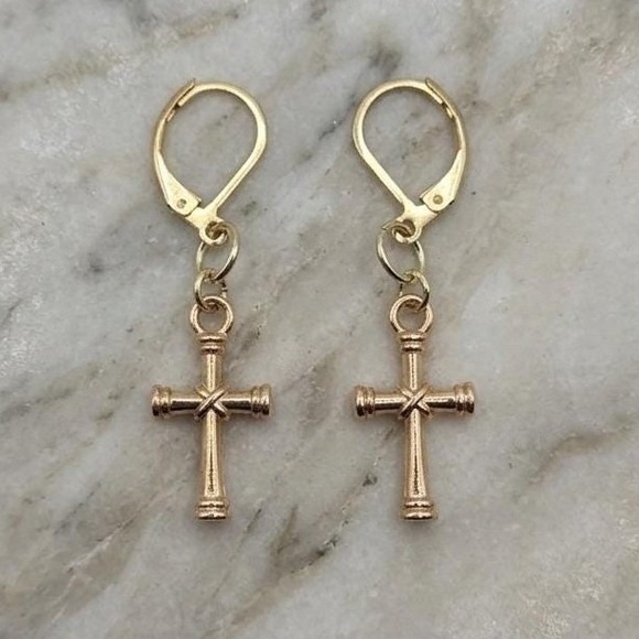 Handmade Jewelry - Handmade Earrings Gold Toned Cross Leverback Hypoallergenic #